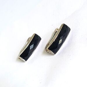 Vintage Sterling Silver Black Onyx Long Drop Bar Earrings
